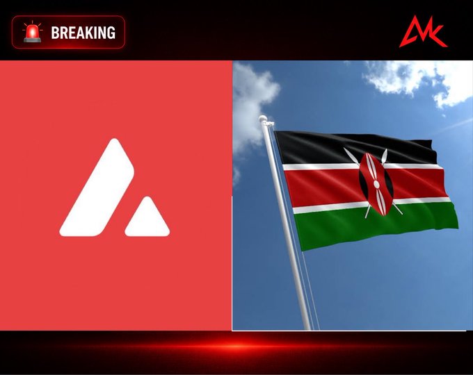 A 'BREAKING' news graphic showing the Avalanche (AVAX) logo alongside the Kenyan flag, likely announcing a partnership or expansion into Kenya.
