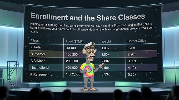 A presentation slide titled "Enrollment and the Share Classes" showing a table with classes (C Retail, B Investor, A Advisor, I Institutional, R Retirement) and their loads, weights, and multipliers, with a cartoon monkey character.