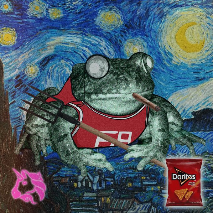 A digital artwork featuring a large frog wearing a red jersey, holding a pitchfork and a cigar, set against Van Gogh's 'Starry Night' background with a bag of Doritos and a pink neon symbol.