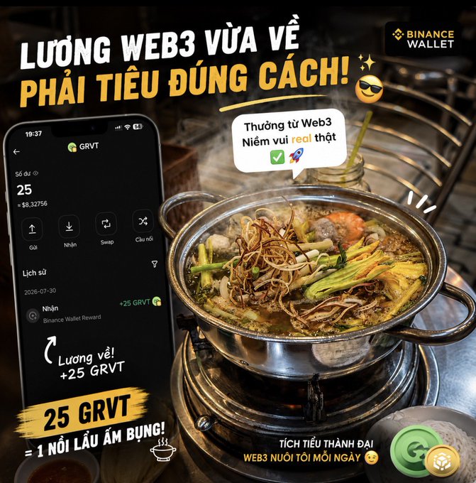 A Binance Wallet promotional graphic featuring a phone screen showing a 'GRVT' token balance of 25 ($8.32756) alongside an image of a steaming hot pot, with Vietnamese text including 'LƯƠNG WEB3 VỪA VỀ PHẢI TIÊU ĐÚNG CÁCH!' and '25 GRVT = 1 NỒI LẨU ẤM BỤNG!'.