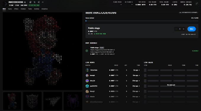 A screenshot of an NFT minting page titled "INKCODE4096" showing a pixelated artwork of figures formed from code characters, with details including "MINT STARTED," "Public stage," "LIVE MINTS," and "LIVE SALES" sections with pricing in ETH.