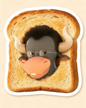 A whimsical illustration of a cow's face peeking out from a slice of toasted bread with cartoon eyes and horns.