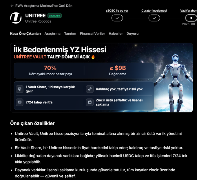 A cryptocurrency platform screenshot for 'UNITREE' featuring text in Turkish including 'İlk Bedenlenmiş YZ Hissesi' and 'UNITREE VAULT TALEP DÖNEMİ AÇIK', displaying '70%' and '≥ $9B' statistics alongside a humanoid robot.