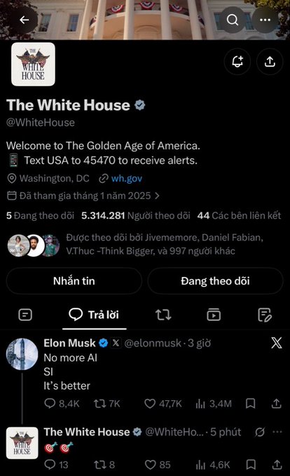 The official Twitter/X profile page for 'The White House' (@WhiteHouse) displaying the bio 'Welcome to The Golden Age of America', 5.3M followers, and an Elon Musk reply visible saying 'No more AI It's better'.