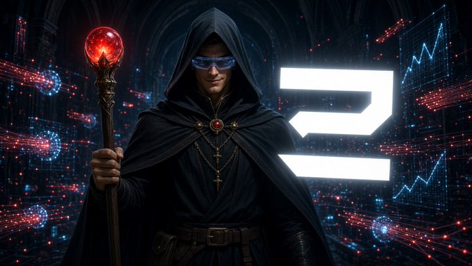 A hooded figure wearing glowing blue visor glasses and clutching a red crystal-topped staff stands before digital red-and-blue data streams, alongside a glowing white stylized "Z" emblem and line graphs, evoking the "zerus" branding of a 3,333-piece NFT collection being teased as a "zScore" credential rather than a $7 mint.