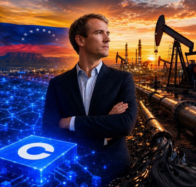 The caption: A confident man in a suit stands with arms crossed against a backdrop blending the Venezuelan flag, oil pumpjacks, pipelines, and a glowing "C" blockchain symbol—visually capturing Fred Ehrsam's reported leap from Coinbase's crypto empire (the "C") to controlling Venezuelan oil fields.