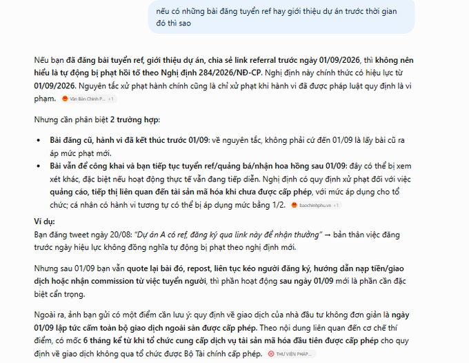 A Vietnamese text document explaining regulations about advertising referral links and the new decree 284/2026/NĐ-CP effective 01/09/2026, discussing advertising rules and penalties.