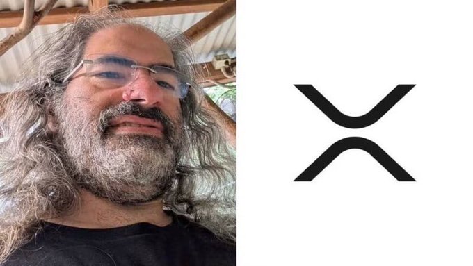 A side-by-side comparison showing a man with long, graying hair and a beard next to the black XRP cryptocurrency logo.