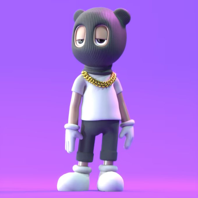 A 3D-rendered cartoon character wearing a gray balaclava with bear ears, a gold chain, white t-shirt, dark pants, and white gloves stands against a vibrant purple background, fitting the post's theme of showcasing a Voyager #AKCB NFT avatar from the Otherside metaverse collection.