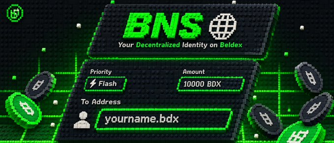 A BNS (Beldex Name Service) graphic promoting 'Your Decentralized Identity on Beldex' with a registration form showing Flash priority, 10000 BDX amount, and a 'yourname.bdx' address field.