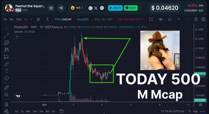A cryptocurrency trading chart for 'Peanut the Squirrel' (Pnut/SOL) priced at $0.04620, showing a large price spike and subsequent drop, with an inset image of a small squirrel in a cowboy hat and the text 'TODAY 500 M Mcap'.