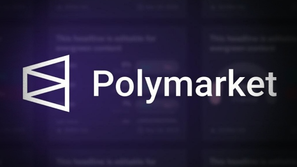 The Polymarket logo with its distinctive white triangular icon is displayed against a dark background.