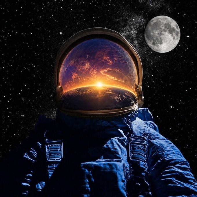 An astronaut in a blue spacesuit floats against a starry cosmic backdrop, with their visor reflecting a stunning sunrise over Earth and the moon visible nearby—capturing the post's message of going from everyday life ("touch grass") to dreaming among the stars.