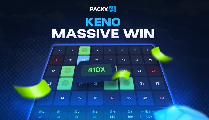 A digital advertisement for a 'PACKY' game showing a 'KENO MASSIVE WIN' of '410X' displayed over a grid of numbers with green highlights.