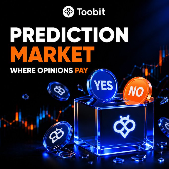 A promotional graphic for Toobit's Prediction Market featuring 'YES' and 'NO' coins with the tagline 'WHERE OPINIONS PAY' against a dark background with trading charts.