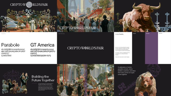 A brand identity board for Crypto World's Fair by Colosseum, featuring Renaissance-style paintings reimagined with modern elements (bull, bear, cityscape crowds), alongside typography samples in "Parabole" and "GT America" fonts, and the tagline "Building the Future Together." The artwork's historic grandeur and diverse crowd scenes visually echo the hackathon's theme of opening its gates to all crypto chains beyond just Solana.