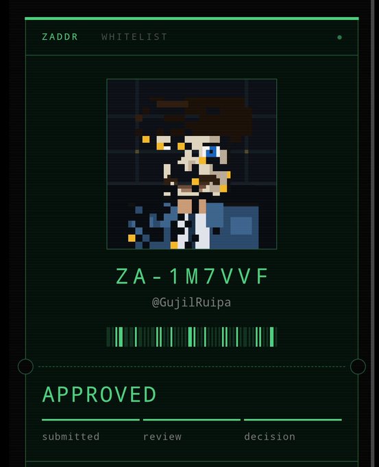 A digital whitelist approval card from ZADDR displays a pixel art portrait of the character GujilRuipa alongside the unique code "ZA-1M7VVF," with an "APPROVED" status shown at the bottom, confirming the user's successful entry into the limited 2,800-member whitelist.