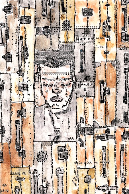 An intricate watercolor and ink artwork features mechanical schematics, handwritten text fragments like 'mind in' and 'soulcase', and a central figure composed of fragmented parts.
