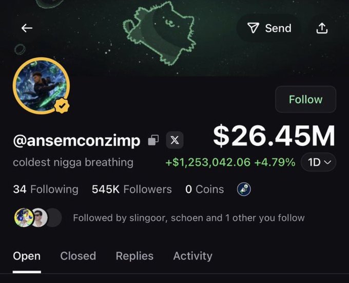 The user's profile, @ansemconzimp, displays a balance of $26.45M, which is significant given the accompanying post's sentiment about $26M in memecoins. The image shows a verified profile with a large follower count and a substantial amount of funds displayed.