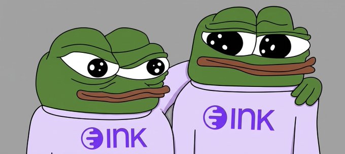 Two Pepe the Frog characters wearing purple shirts with the Ink logo, often associated with Ink blockchain, standing together in the classic 'sad Pepe' meme style.