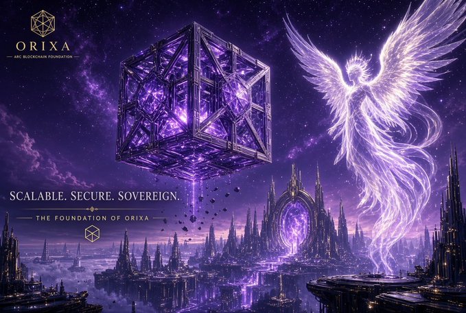 A majestic, glowing purple angel with expansive wings stands over a futuristic celestial cityscape beside a floating, intricately patterned purple cube, with the "ORIXA" logo and the text "SCALABLE. SECURE. SOVEREIGN. — THE FOUNDATION OF ORIXA" displayed, visually embodying the legendary, immortal essence of an Orixians Genesis NFT on the Orixa Net Marketplace.