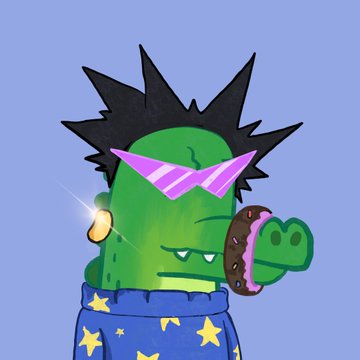 An illustration of a green cartoon crocodile character wearing pink sunglasses, a star-patterned blue robe, and holding a chocolate donut.