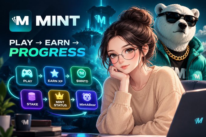 A promotional graphic for 'MINT' displaying the tagline 'PLAY → EARN → PROGRESS' with a flowchart of icons (PLAY, EARN XP, $MNTD, STAKE, MINT STATUS, MintABear) alongside an illustration of a woman and a polar bear wearing sunglasses.