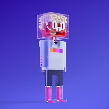 A voxel-art character with a transparent head revealing a colorful interior stands against a purple background. The image visually represents the "Dissected" NFT referenced in the post, highlighting the character's signature see-through skull design.