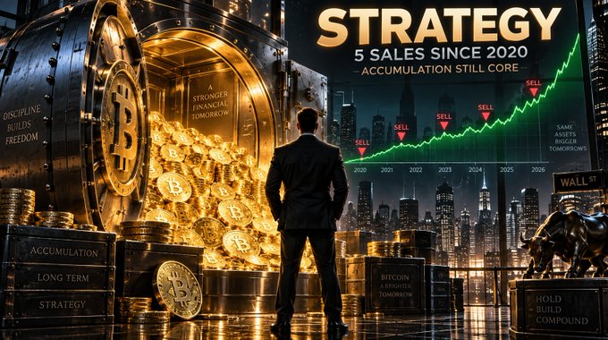 A promotional graphic titled 'STRATEGY: 5 SALES SINCE 2020 - ACCUMULATION STILL CORE' featuring a man in a suit standing before an open vault filled with Bitcoin, set against a backdrop of a rising crypto price chart and a Wall Street bull statue.