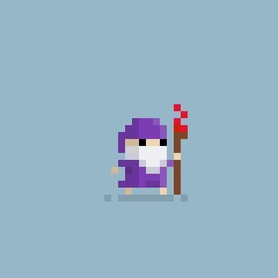 A small pixel-art character wearing a purple wizard robe and hat stands against a light blue background, holding a brown staff with a red gem on top.