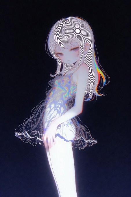An anime-style illustration of a girl with long hair featuring black and white swirling/op-art patterns, wearing a dress with iridescent holographic fabric against a dark background.
