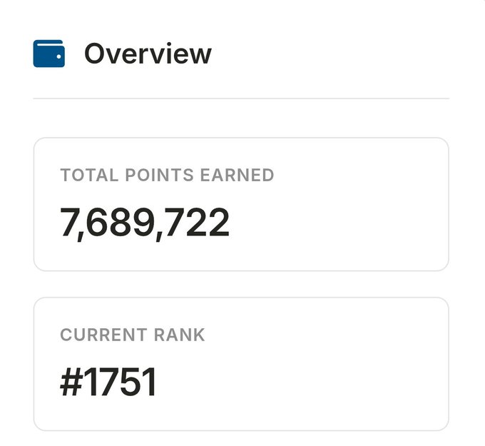 The image shows an "Overview" dashboard displaying **Total Points Earned: 7,689,722** and **Current Rank: #1751**, visually supporting the post's claim of accumulating 7.6M points in 2 days on @onrefinance after losing points from an old wallet.