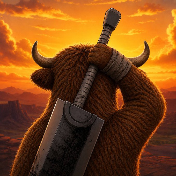 A digital artwork depicting a muscular, furry minotaur-like creature viewed from behind, carrying a large sword, set against a dramatic orange sunset sky.