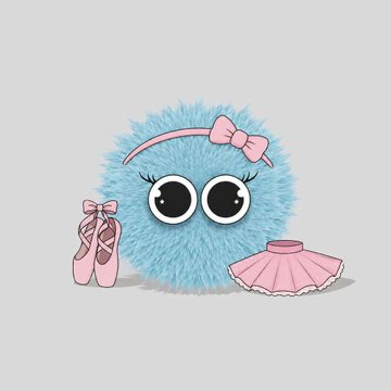 A cartoon illustration of a fluffy blue ball character with big eyes wearing a pink ballet outfit with a bow headband, accompanied by pink ballet shoes and a tutu.