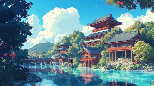 An anime-style illustration features a serene landscape with traditional red Japanese architecture nestled among lush green trees by a reflective lake under a bright blue sky.