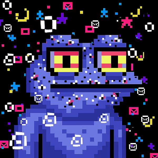 A pixel art image depicts a blue blocky character with large yellow and red eyes surrounded by colorful digital icons on a black background.
