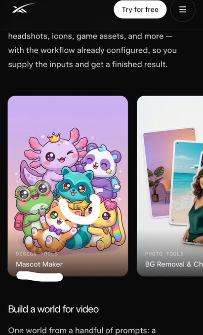 A mobile screenshot of the X (formerly Twitter) website promoting its "Mascot Maker" tool under the Design Tools section, featuring colorful cartoon mascot illustrations, alongside a "BG Removal" tool card. The post references $rax, suggesting this is promoting X's new AI-powered creation platform for generating custom mascots and design assets.