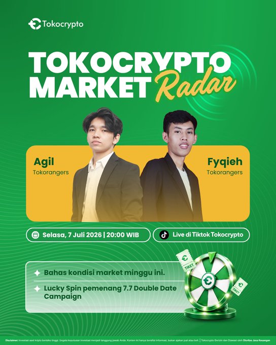Promotional graphic for Tokocrypto Market Radar live stream on Tuesday, July 7, 2026 at 20:00 WIB on TikTok, hosted by Agil and Fqyeh of Tokorangers, featuring market discussion and Lucky Spin winners of the 7.7 Double Date Campaign.