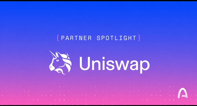The image features a logo with an unicorn, which is often associated with magic or fantasy elements. The text "Uniswap" is written below the unicorn logo, indicating that Uniswap is being featured as a partner spotlight on this platform. This suggests that Uniswap is promoting itself as a stablecoin-native trading infrastructure for crypto assets and is highlighting its role in the ecosystem by showcasing it to potential users or investors.