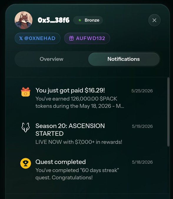 The image shows a phone screen displaying information about a recent payment made by a user named @wolfswapdotapp. The user has just received their $PACK of $PACK from @wolfswapdotapp, which was completed on May 18, 2016. The user's account is currently active and they have been paid $16,959. The notification screen also includes information about the user's progress in a game called "Quest" that has been completed after completing 50 days of gameplay.