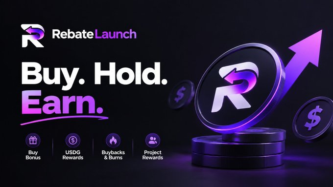 A dark RebateLaunch advertisement reading "Buy. Hold. Earn." with icons and labels for Buy Bonus, USDG Rewards, Buybacks & Burns, and Project Rewards.
