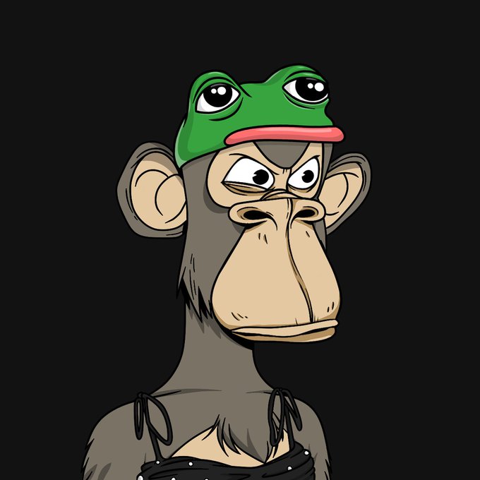A cartoon monkey with a long face wears a green frog hat with eyes on top, set against a black background.