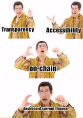 A four-panel meme features a man in a patterned sweater making animated gestures with captions reading 'Transparency,' 'Accessibility,' 'on-chain,' and 'dashboard current finance.'