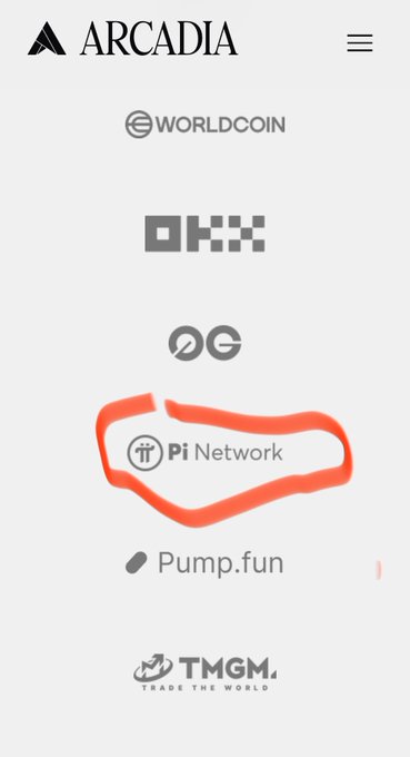A mobile screen showing the Arcadia platform with a list of cryptocurrencies including Worldcoin, OKX, ZG, Pi Network (circled in orange), Pump.fun, and TMGM.