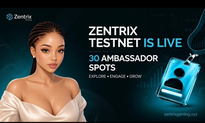 A promotional banner for Zentrix Gaming's testnet launch featuring a woman with braided hair beside text announcing "ZENTRIX TESTNET IS LIVE" and "30 AMBASSADOR SPOTS" with "EXPLORE • ENGAGE • GROW," alongside an ID badge graphic, visually reinforcing the post's call to join the platform early through testnet access and the limited ambassador program at zentrixgaming.xyz.