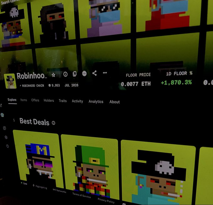 An NFT marketplace page showing the "Robinhoo..." collection on Robinhood Chain, with a floor price of 0.0077 ETH and 1D floor increase of +1,870.3%, featuring pixel-art character items.