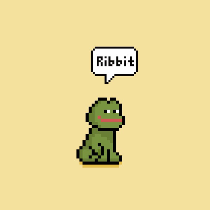 A pixel art illustration of a small green frog with rosy cheeks and a speech bubble containing the word 'Ribbit'.