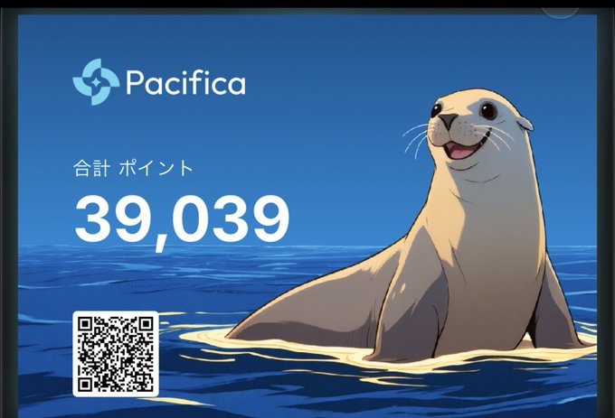 An illustration of a sea otter floating on water appears alongside the "Pacifica" logo, displaying a total points balance of "39,039" with a QR code in the bottom left corner. The image visualizes the poster's achievement of accumulating nearly 39,000 points over 48 weeks of consistent weekly attendance on the Pacifica platform.