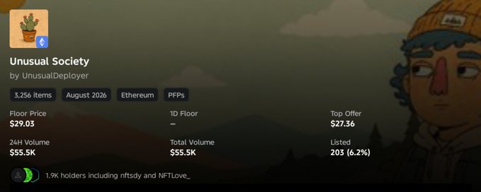 OpenSea NFT collection page for 'Unusual Society' by UnusualDeployer showing 3,256 items on Ethereum, with a floor price of $29.03, 24H volume of $55.5K, and 1.9K holders.