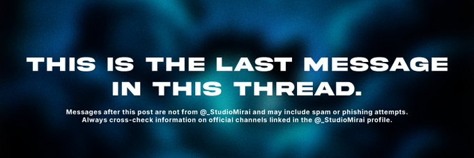 A dark blue graphic displays the warning text "THIS IS THE LAST MESSAGE IN THIS THREAD" in bold white lettering, cautioning that subsequent messages are not from @_StudioMirai and may contain spam or phishing attempts, advising users to verify information on official channels. The image serves as a trust safeguard placed at the end of the post detailing the BlueMove compensation payout of 261,079 USDsui to 21,608 addresses.